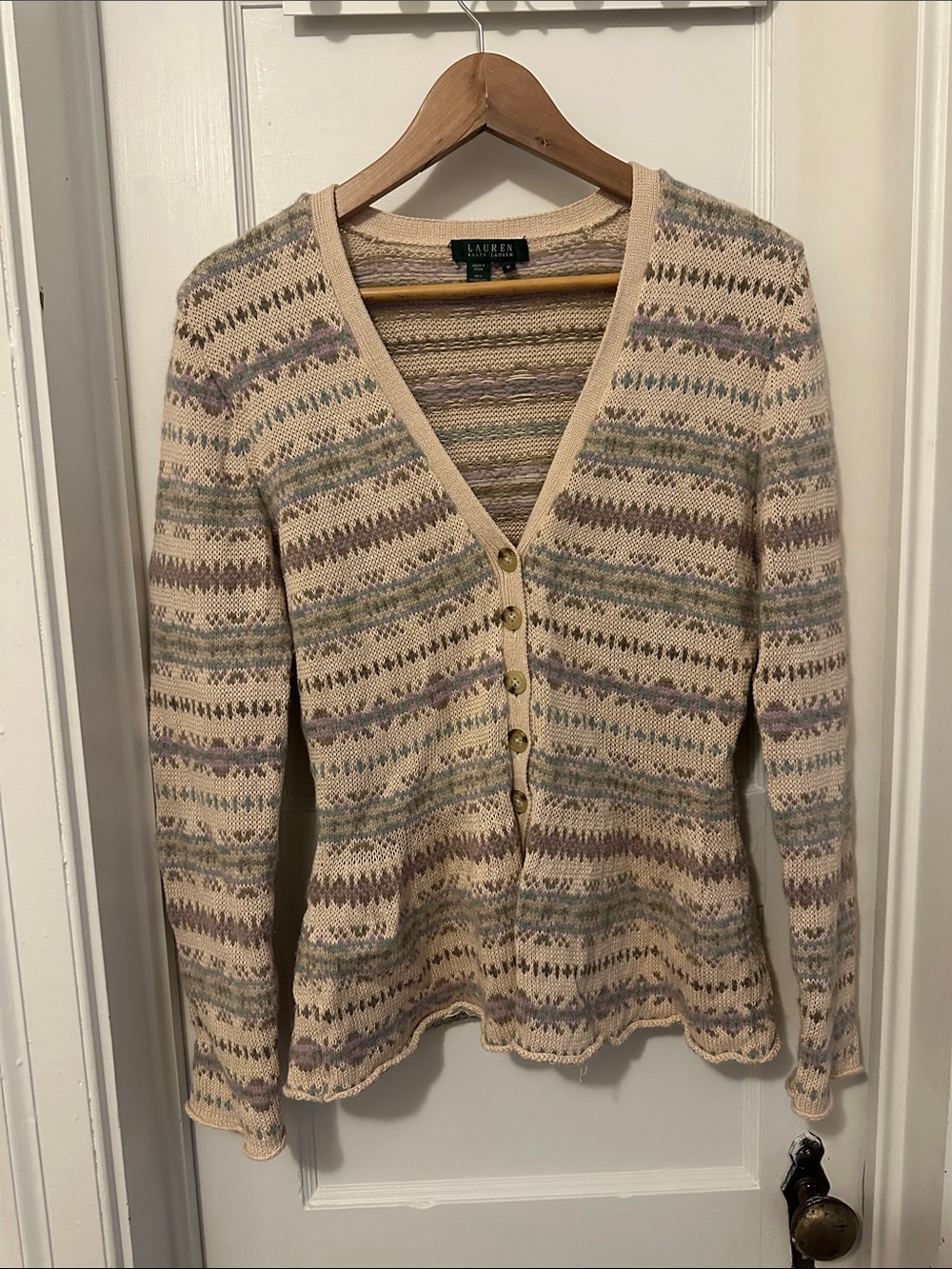 Ralph Lauren Cream Patterned V-Neck  Peplum Cardigan